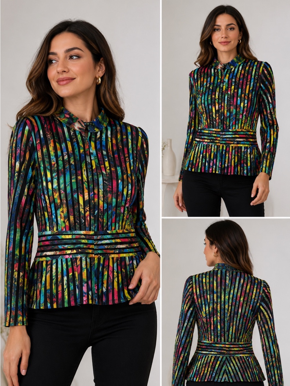 Weavz multi color long sleeves rainbow peplum blouse top size small